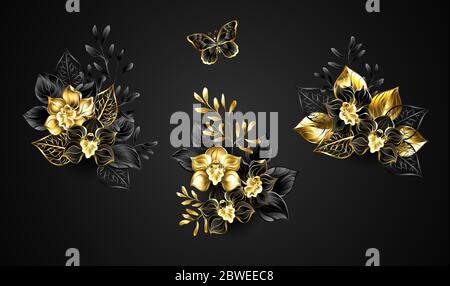 Set di bouquet di orchidee di gioielli in nero e oro, decorate con ramoscelli decorativi su sfondo scuro. Illustrazione Vettoriale