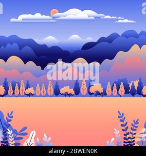 Colline e montagne in stile piatto. Bellissimo campo con erba, prato e cielo. Posizione rurale nella foresta, alberi. Fumetto illustrato Illustrazione Vettoriale