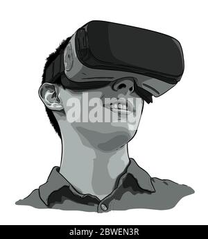 Uomo che indossa la realtà virtuale gli occhiali. Disegnata a mano illustrazione vettoriale, schizzo Illustrazione Vettoriale