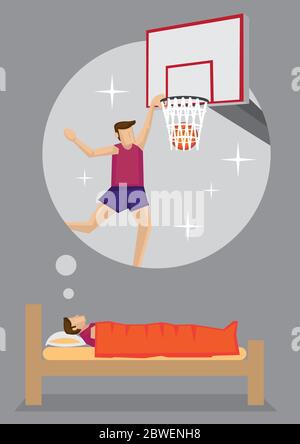 Giovane uomo sognando di diventare un giocatore di basket professionista. Illustrazione vettoriale di cartoni animati sul concetto di sogno e aspirazione isolato su sfondo grigio Illustrazione Vettoriale