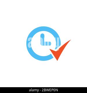 Illustrazione vettoriale del concetto di temporizzazione con orologio e icona del segno di spunta. Illustrazione vettoriale di stock isolata su sfondo bianco. Illustrazione Vettoriale