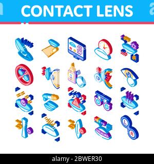 Accessorio lente di contatto icone isometriche Imposta vettore Illustrazione Vettoriale