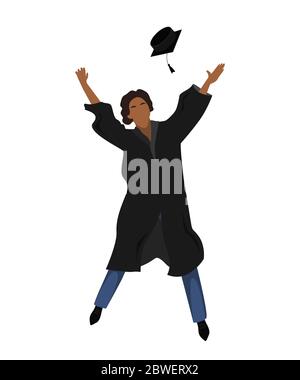 Studente laureato in abito di laurea saltando e gettando la mortarboard in alto in aria. Illustrazione vettoriale piatta Illustrazione Vettoriale