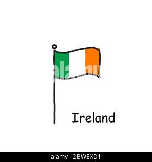 Bandiera irlandese disegnata a mano sul palo di bandiera. Bandiera a tre colori . Illustrazione vettoriale stock isolata su sfondo bianco. Illustrazione Vettoriale