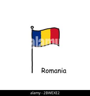 Bandiera Romania disegnata a mano sul palo della bandiera. Bandiera a tre colori . Illustrazione vettoriale stock isolata su sfondo bianco. Illustrazione Vettoriale