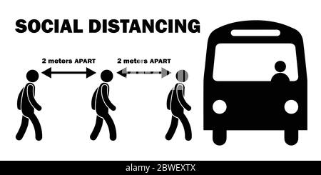 Distanza sociale 2 metri Apart quando Boarding Bus Line Queue Stick Figure. File vettoriale in bianco e nero Illustrazione Vettoriale