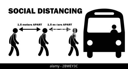 Distanza sociale 1.5m metri Apart quando imbarco Bus Line coda Stick Figura. File vettoriale in bianco e nero Illustrazione Vettoriale