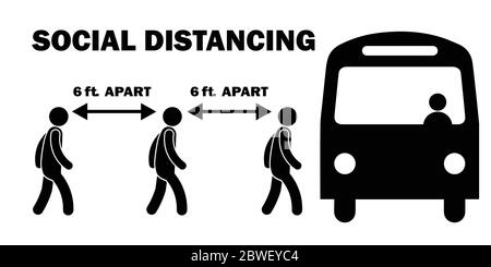 Social distancing 6ft piedi di distanza quando imbarco Bus Line coda Stick figura. File vettoriale in bianco e nero Illustrazione Vettoriale