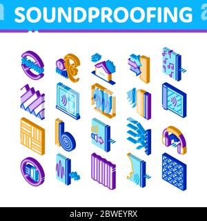 Insonorizzazione icone isometriche edificio Imposta vettore Illustrazione Vettoriale