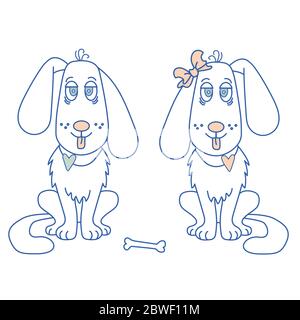 Lui e lei. Divertente cane bianco- con la lingua che si stacca e un cuore sul collo e un arco sull'orecchio, l'osso è steso. Illustrazione del contorno Illustrazione Vettoriale