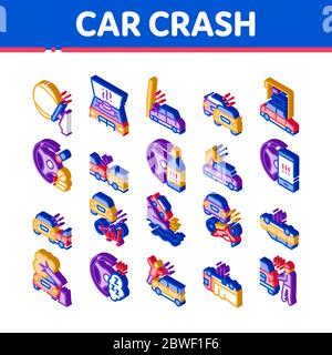 Auto Crash incidente icone isometriche Set Vector Illustrazione Vettoriale