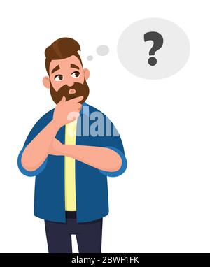 Pensiero dell'uomo, OH, domanda, espressione del dubbio, illustrazione di stile di Cartoon, illustrazioni del carattere, nuova idea, concetto di pensiero. Illustrazione Vettoriale