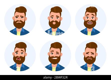 Insieme di emozioni maschili del viso. Diverse emozioni maschili. Uomo emoji carattere con espressioni diverse. Illustrazione Vettoriale