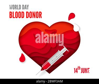 Poster o inviti della giornata mondiale dei donatori. Design medico con cuore rosso, gocce di sangue e siringa. Illustrazione vettoriale, stile di taglio della carta. Posizionare per t Illustrazione Vettoriale