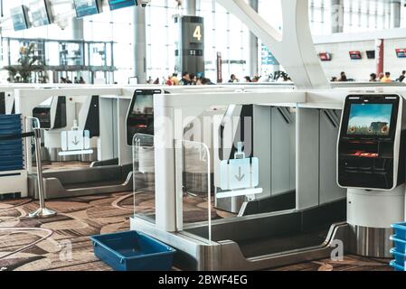 Singapore, Aeroporto Changi, dicembre 19: Banchi elettronici self-service per il ritiro bagagli all'aeroporto. Macchina per il check-in automatico. Stampa di etichette per sacchetti Foto Stock