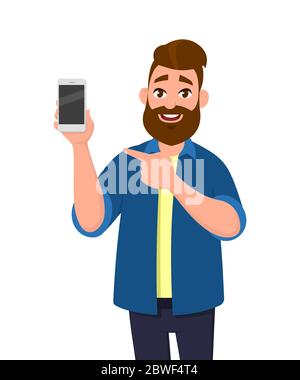 Felice giovane uomo che mostra smartphone e la mano verso il telefono. Concetto di tecnologia per telefoni cellulari. Illustrazione vettoriale in stile cartoon. Illustrazione Vettoriale