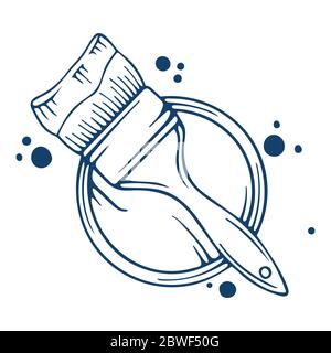 Pennello e colore possono disegnare il disegno. Pennello e latta di vernice con schizzi di colore illustrazione vettoriale disegnata a mano. Parte del set. Illustrazione Vettoriale