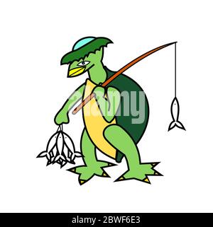 Kappa a piedi e tenendo una canna da pesca e pesci, Daemon nei miti e nelle credenze della cultura giapponese, il fantasma verde assomiglia a una tartaruga Illustrazione Vettoriale