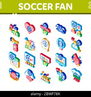 Attributi del ventilatore di calcio icone isometriche Imposta vettore Illustrazione Vettoriale