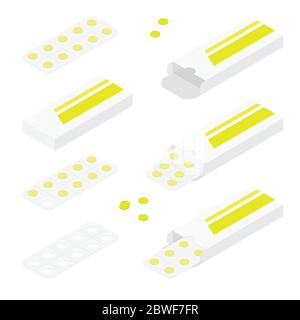 Confezione per farmaci: Antidolorifici, antibiotici, vitamine e compresse di aspirina. Set di icone blister con pillole. Illustrazioni vettoriali del pacchetto isolato o Illustrazione Vettoriale