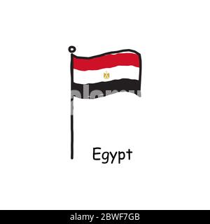 Bandiera egiziana disegnata a mano sul palo della bandiera. Bandiera a tre colori . Illustrazione vettoriale stock isolata su sfondo bianco. Illustrazione Vettoriale