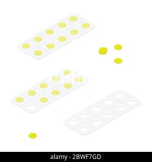 Confezione per farmaci: Antidolorifici, antibiotici, vitamine e compresse di aspirina. Set di icone blister con pillole. Illustrazioni vettoriali del pacchetto isolato o Illustrazione Vettoriale