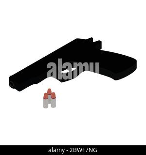 Pistola a pistola e proiettili vista isometrica isolata su sfondo bianco. Pistola con armi Illustrazione Vettoriale