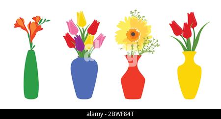 Set di vasi colorati con fiori in fiore per decorazione e interni. Illustrazione Vettoriale