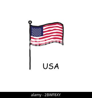 Bandiera USA disegnata a mano sul palo della bandiera. Illustrazione vettoriale stock isolata su sfondo bianco. Illustrazione Vettoriale