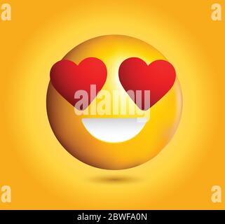 Emoticon di alta qualità sorridente, emoji amore isolato su sfondo giallo gradiente. Emotoji viso giallo con occhi rossi del cuore e illustrazione del vettore sorriso. Illustrazione Vettoriale