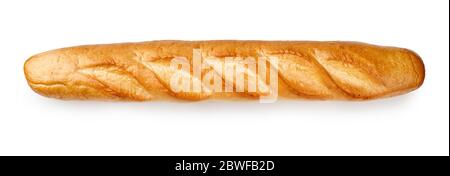 Baguette al forno isolato su sfondo bianco. Vista dall'alto del pane. Foto Stock