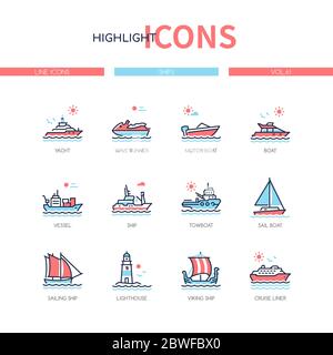 Diverse navi - set di icone di stile di disegno della linea Illustrazione Vettoriale