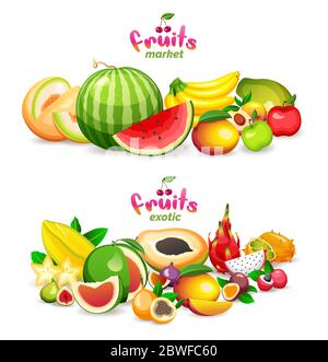 Montagna di frutti esotici su sfondo bianco, mercato della frutta logo e banner, illustrazione vettoriale. Illustrazione Vettoriale