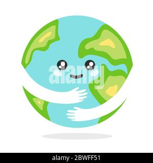 Felice kawaii pianeta terra. Cartoon pianeta blu terra con i continenti verdi si abbraccia gioiosamente. Illustrazione Vettoriale