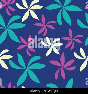 Random Scatter Flowers ripetizione senza cuciture 0n sfondo blu. Tessuti moderni e originali, carta da imballaggio, design murale. Illustrazione Vettoriale