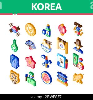 Corea icone isometriche tradizionali Imposta vettore Illustrazione Vettoriale