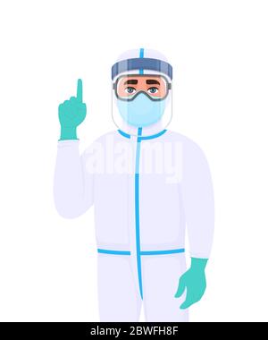 Medico in tuta protettiva che punta il dito verso l'alto. Personale medico che indossa visiera protettiva, guanti in lattice e mani gestanti. Copertura medico con maschera, goggle Illustrazione Vettoriale