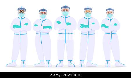 Gruppo di medici in tuta di protezione, visiera, maschera e occhiali. Team di personale medico con dispositivi di protezione individuale. Illustrazione del medico. Illustrazione Vettoriale