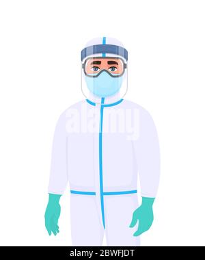 Medico in tuta protettiva e respiratore. Personale medico o chirurgo che indossa DPI con visiera protettiva e guanti in lattice. Copertura medico con maschera, occhiali. Illustrazione Vettoriale