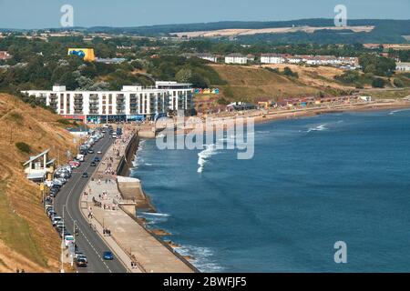 La vista aerea della città di Scaborough dal Castello di Scaborough nello Yorkshire occidentale, Regno Unito Foto Stock