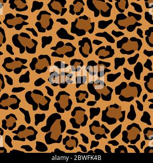 Motivo leopardo senza cuciture. Disegno in pelle leopardata esotico, sfondo arancione alla moda con schizzi neri. Illustrazione Vettoriale