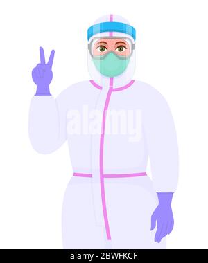 Donna medico in tuta protettiva di sicurezza, maschera e visiera che mostra la vittoria o segno di gesto di pace. Simbolo della mano del vincitore/successo della gesturing del medico. Illustrazione Vettoriale