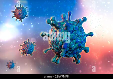 Propagazione di spore, diffusione di un virus, polline e infiammazioni. Organismi microscopici, duplicazione di microrganismi. Covid-19, coronavirus Foto Stock