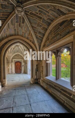 Università di Princeton Hall porta archi - vista di un perfetto esempio della collegiata architettura gotica di stile. Foto Stock