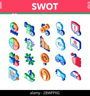 Strategia di analisi SWOT icone isometriche Imposta vettore Illustrazione Vettoriale