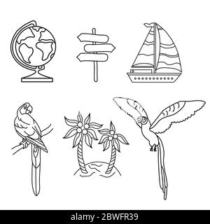 Illustrazione per il design lifestyle. Set di viaggi di doodles. Pappagalli, isola e nave. Linea ART. Collezione di simboli di contorno. Illustrazione Vettoriale