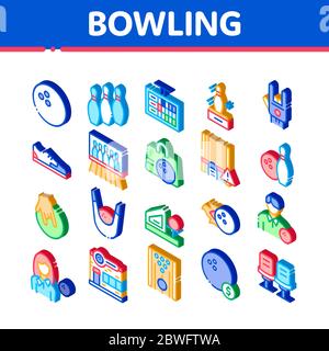 Giochi di bowling Strumenti icone isometriche Imposta vettore Illustrazione Vettoriale