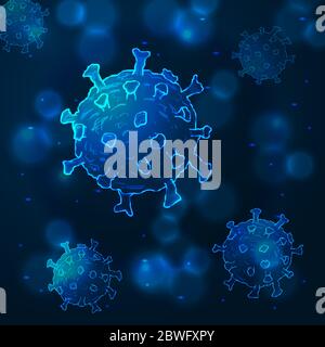 Cellule di coronavirus o molecole di batteri. Virus COVID-19 cellula in forma sferica. Illustrazione astratta in tinte blu su sfondo scuro Illustrazione Vettoriale