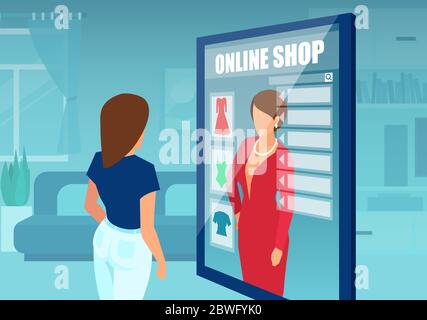 Concetto di shopping su Internet. Vettore di una donna casual che ordina e acquista abiti di moda un abito online. Illustrazione Vettoriale