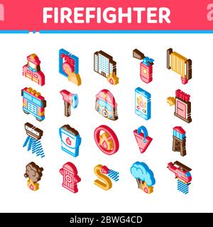 Strumento di pompiere icone isometriche Imposta vettore Illustrazione Vettoriale